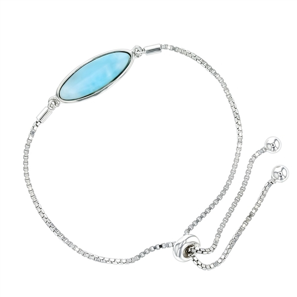 925 Sterling Silver Larimar Oval Inlay Adjustable Bracelet